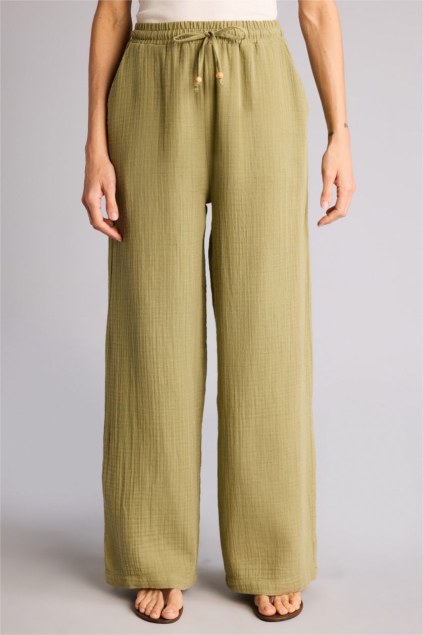 Kadın Açık Haki Wıde Leg Çift Cepli Yüksek Bel Geniş Paça Müslin Pantolon