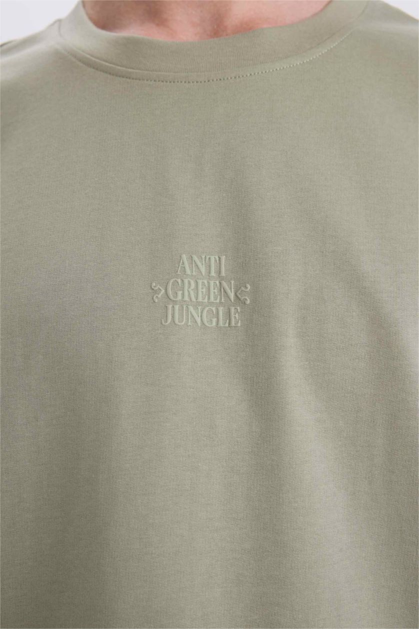 Erkek Yeşil %100 Pamuk Boxy Fit Bisiklet Yaka Sırt Baskılı Kısa Kollu Tişört