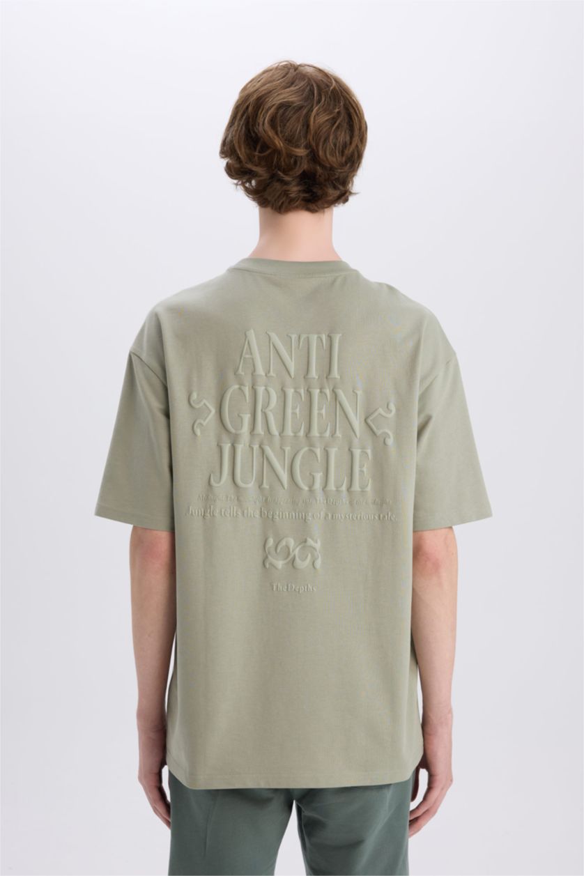 Erkek Yeşil %100 Pamuk Boxy Fit Bisiklet Yaka Sırt Baskılı Kısa Kollu Tişört