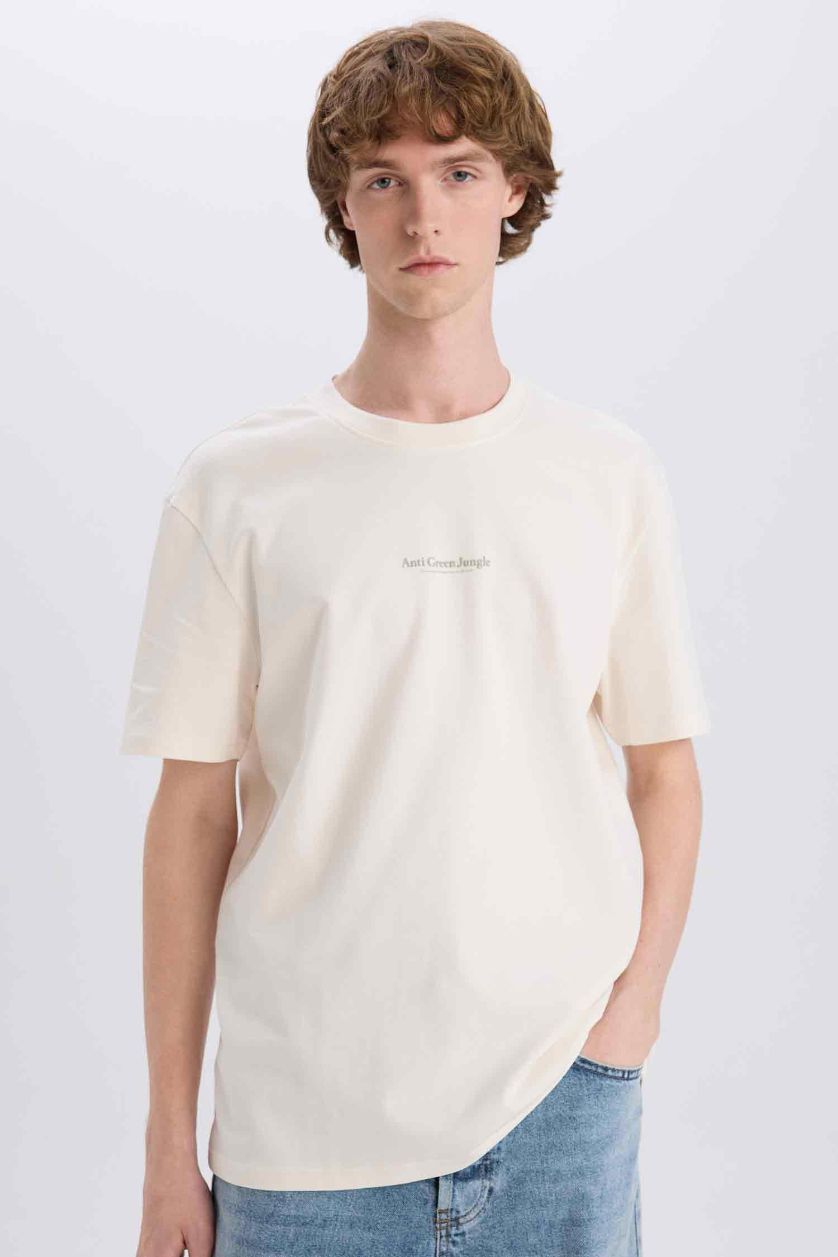 MAN Ecru Cotton Regular Fit Crew Neck Printed T-Shirt