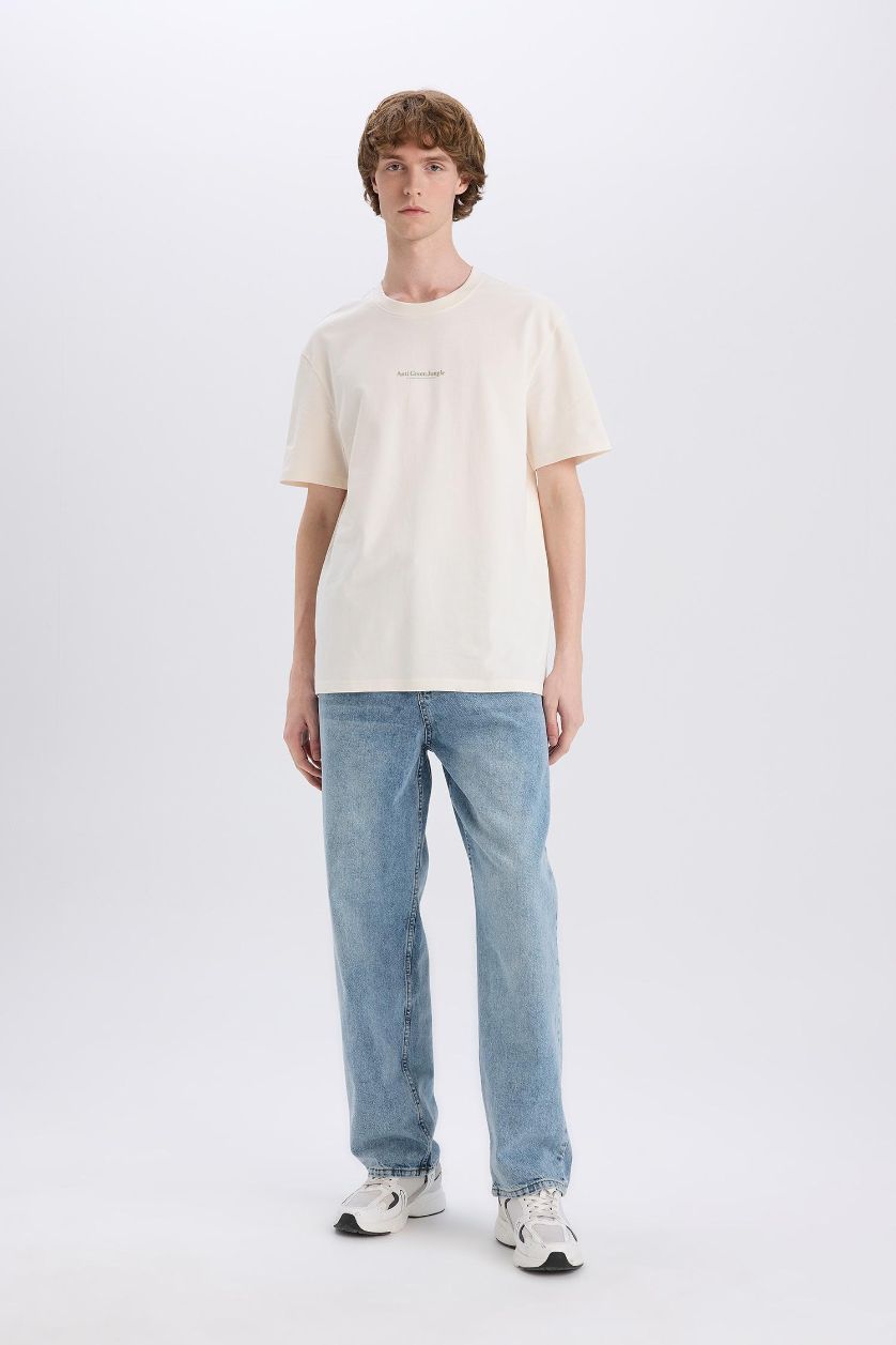 MAN Ecru Cotton Regular Fit Crew Neck Printed T-Shirt