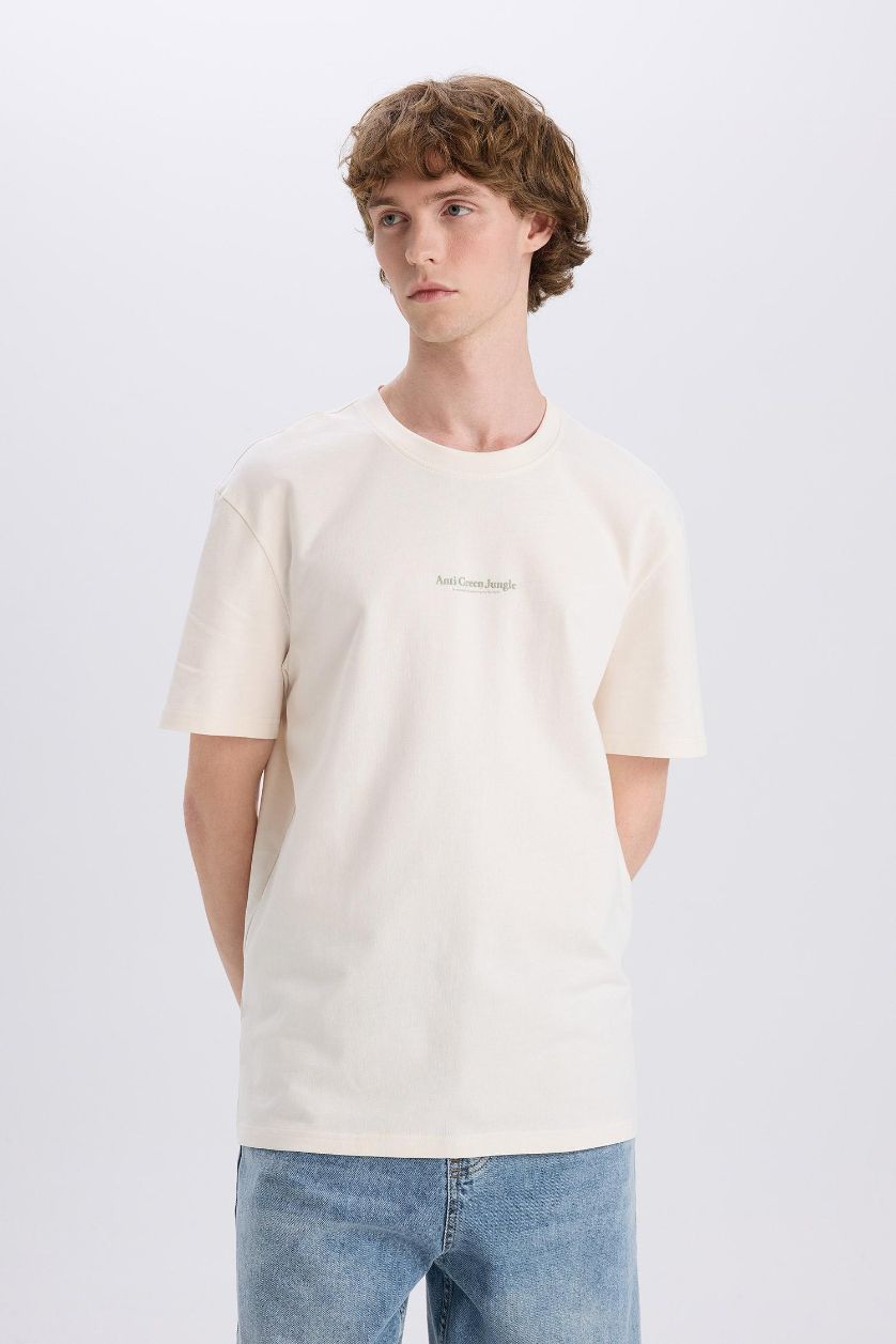 MAN Ecru Cotton Regular Fit Crew Neck Printed T-Shirt