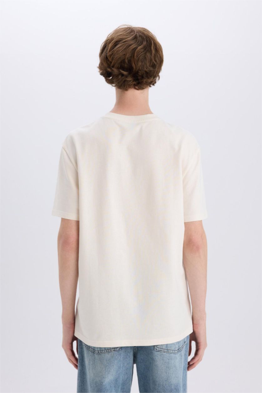 MAN Ecru Cotton Regular Fit Crew Neck Printed T-Shirt