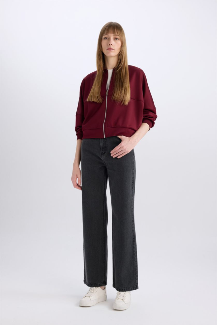 Woman Bordeaux Regular Fit College Collar Zipper Basic Bomber Jacket