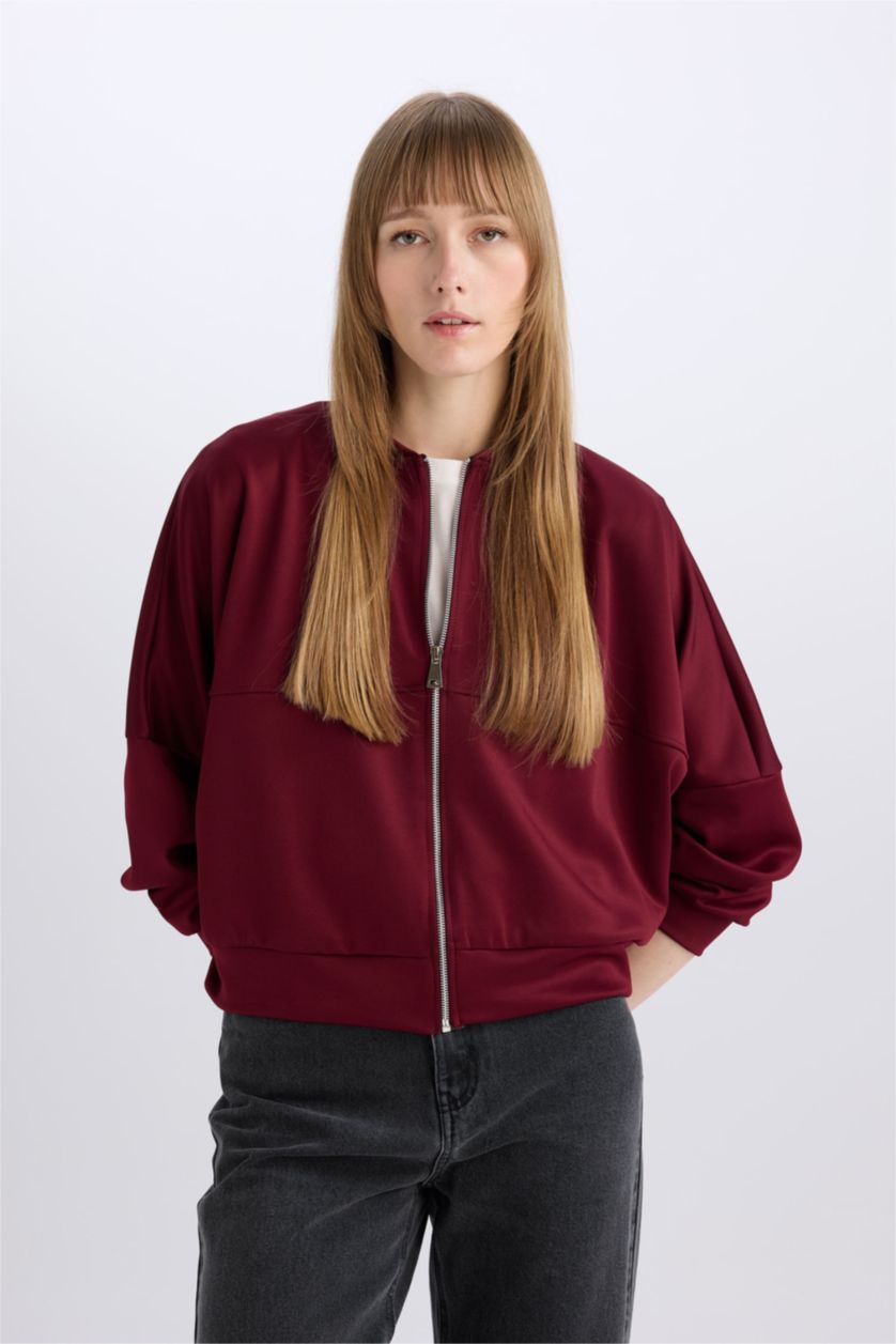 Woman Bordeaux Regular Fit College Collar Zipper Basic Bomber Jacket