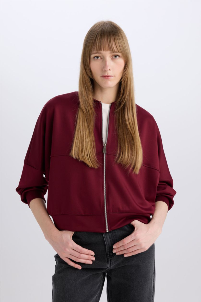 Woman Bordeaux Regular Fit College Collar Zipper Basic Bomber Jacket
