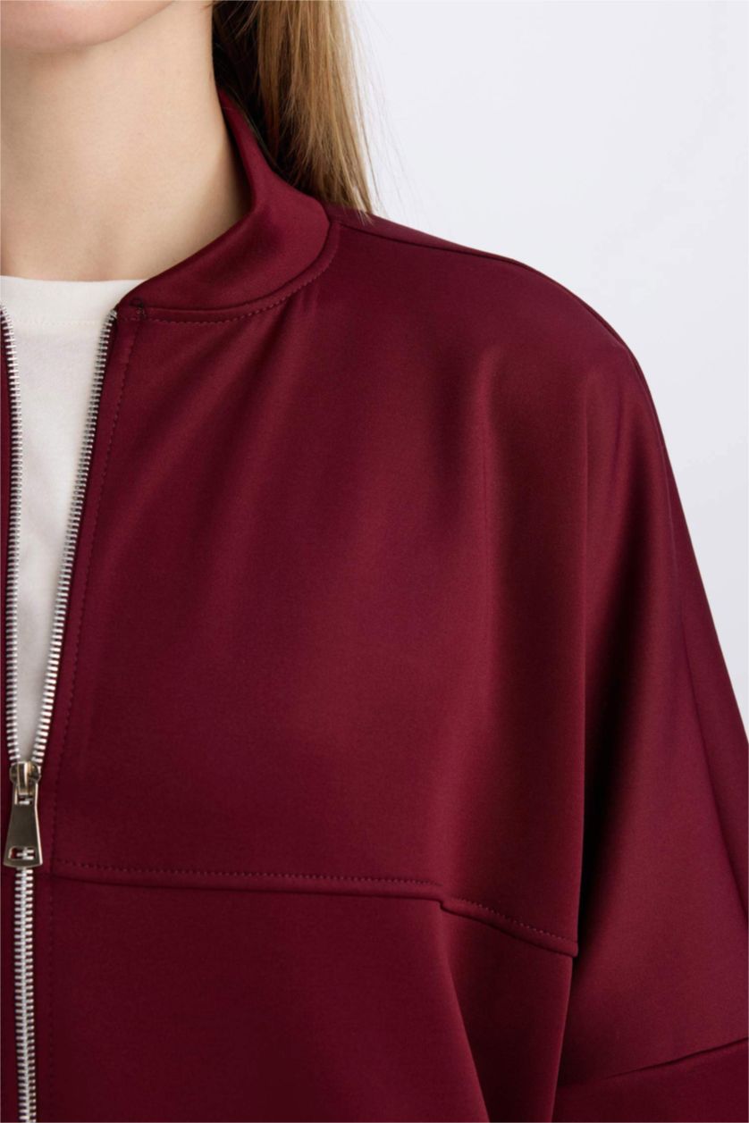 Woman Bordeaux Regular Fit College Collar Zipper Basic Bomber Jacket