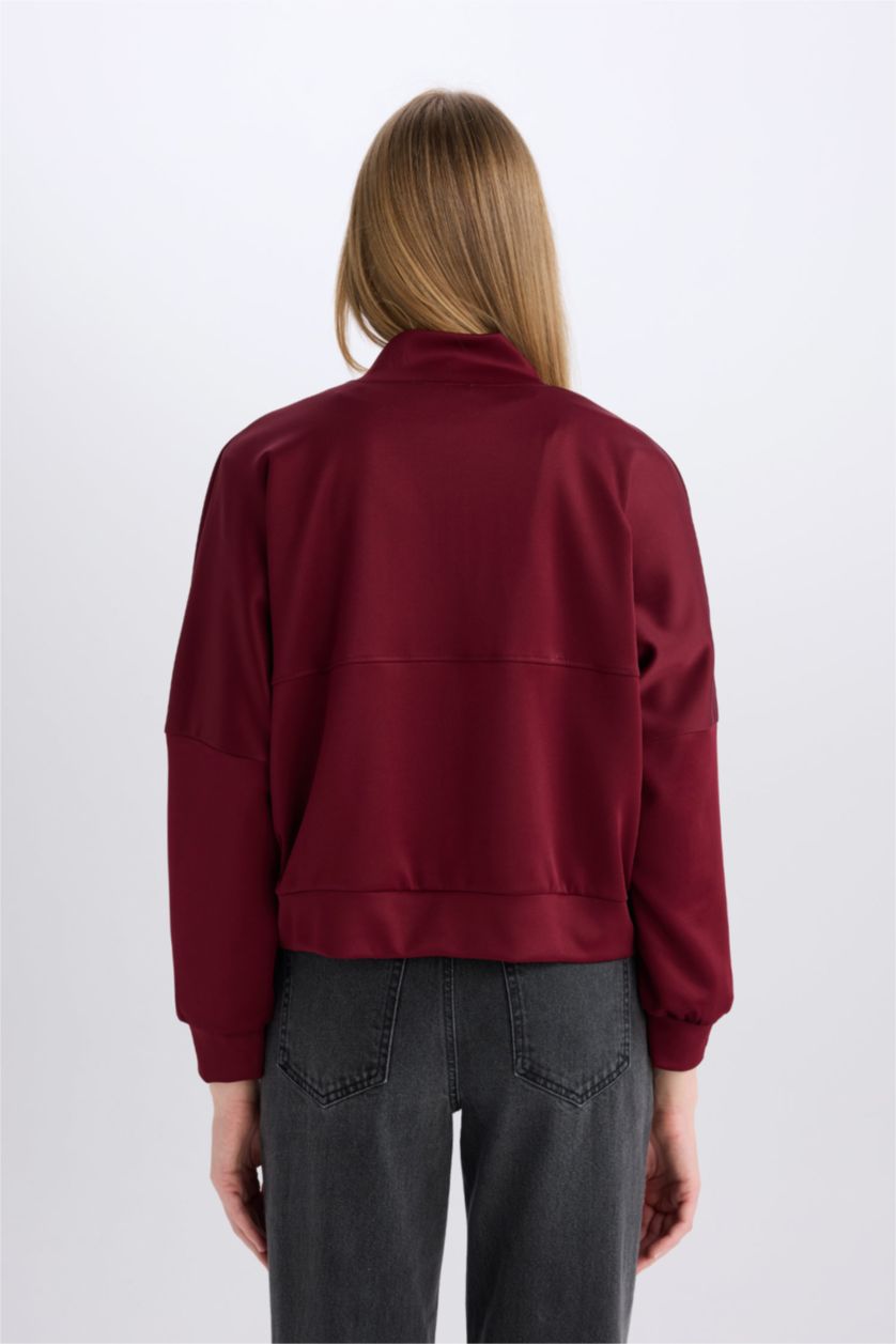 Woman Bordeaux Regular Fit College Collar Zipper Basic Bomber Jacket