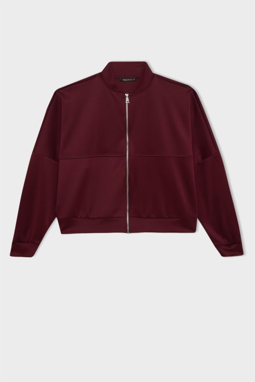 Woman Bordeaux Regular Fit College Collar Zipper Basic Bomber Jacket
