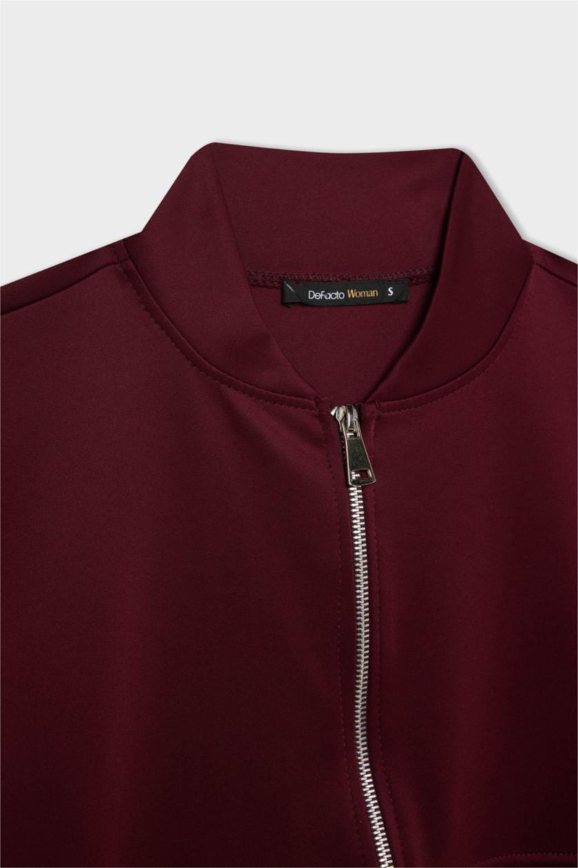 Woman Bordeaux Regular Fit College Collar Zipper Basic Bomber Jacket