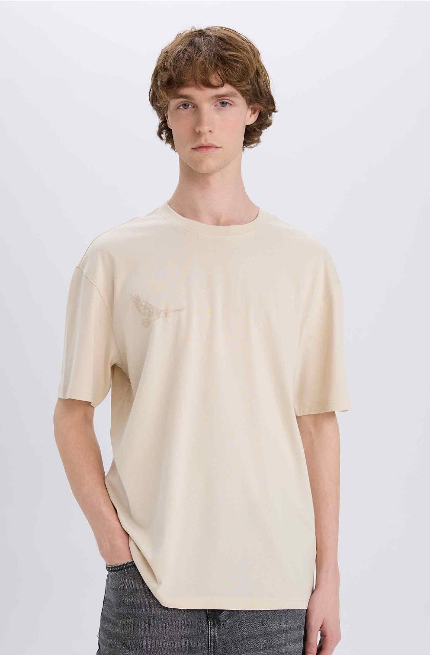 Erkek Taş %100 Pamuk Boxy Fit Bisiklet Yaka Sırt Baskılı Kısa Kollu Tişört