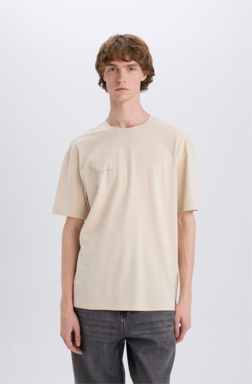 Erkek Taş %100 Pamuk Boxy Fit Bisiklet Yaka Sırt Baskılı Kısa Kollu Tişört