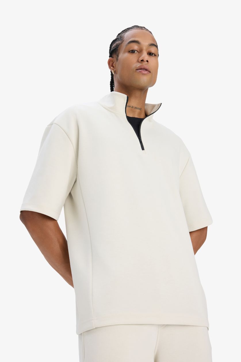 Erkek Taş Standart Fit Dik Yaka Fermuarlı Sporcu Kısa Kollu Skuba Dalgıç Kumaş Tişört