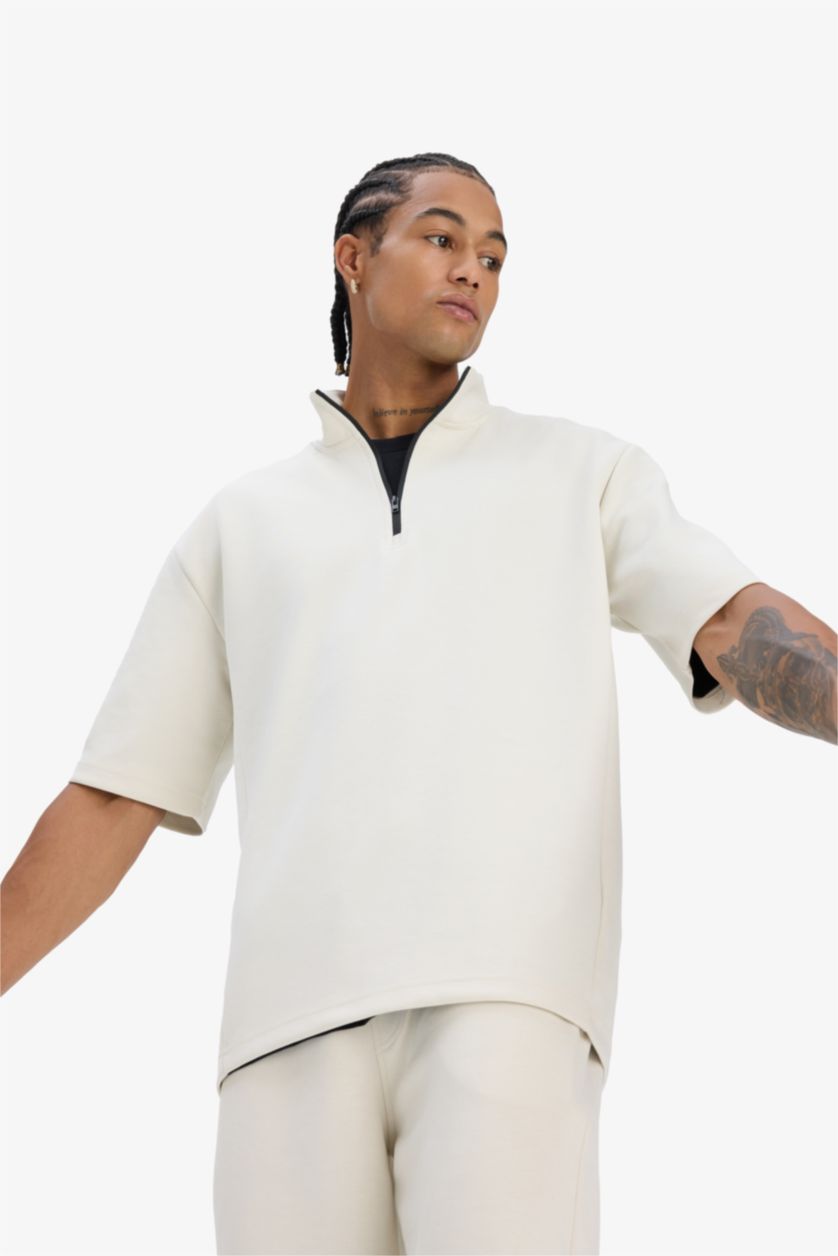 Erkek Taş Standart Fit Dik Yaka Fermuarlı Sporcu Kısa Kollu Skuba Dalgıç Kumaş Tişört