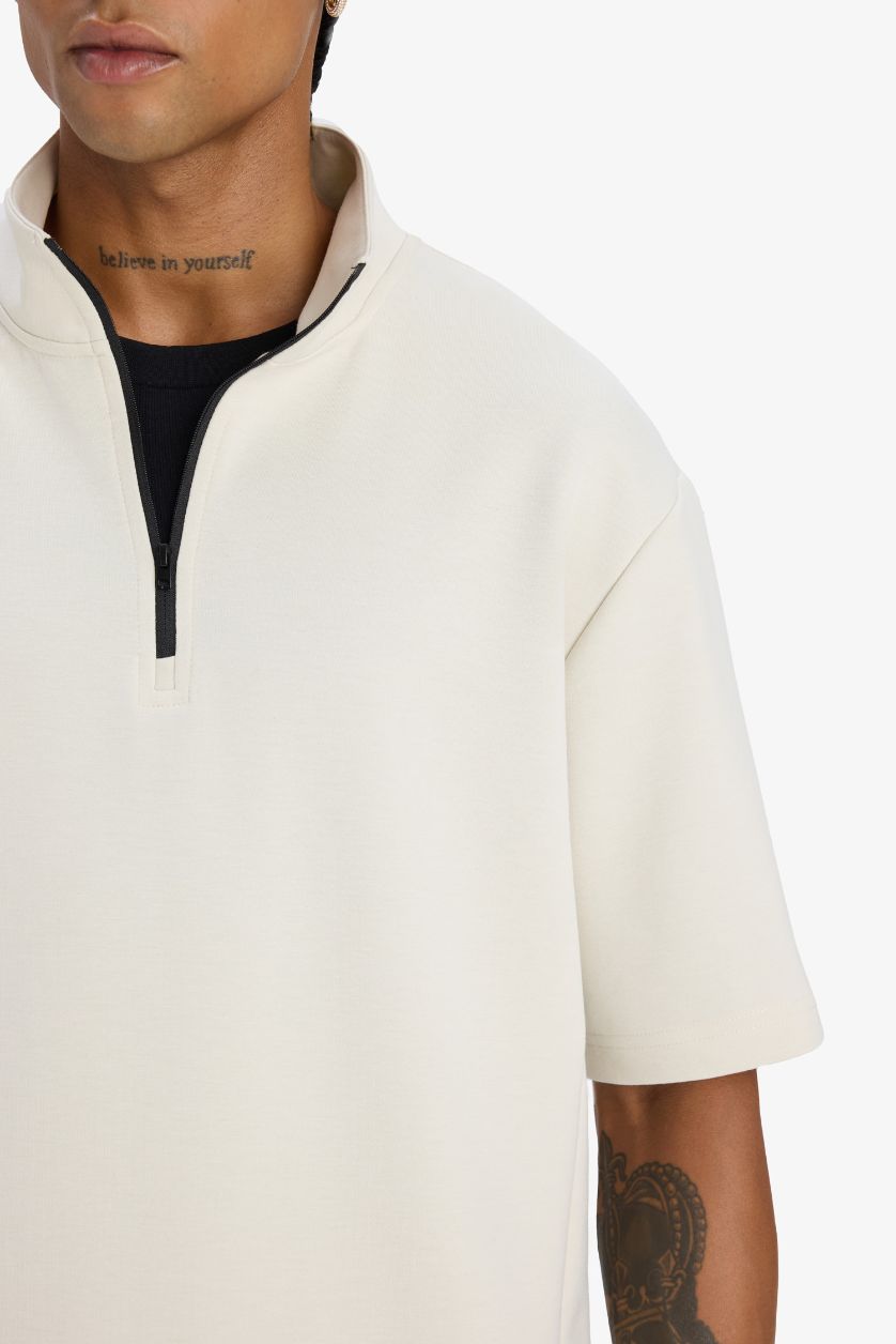 Erkek Taş Standart Fit Dik Yaka Fermuarlı Sporcu Kısa Kollu Skuba Dalgıç Kumaş Tişört