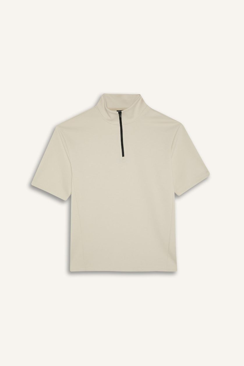 Erkek Taş Standart Fit Dik Yaka Fermuarlı Sporcu Kısa Kollu Skuba Dalgıç Kumaş Tişört