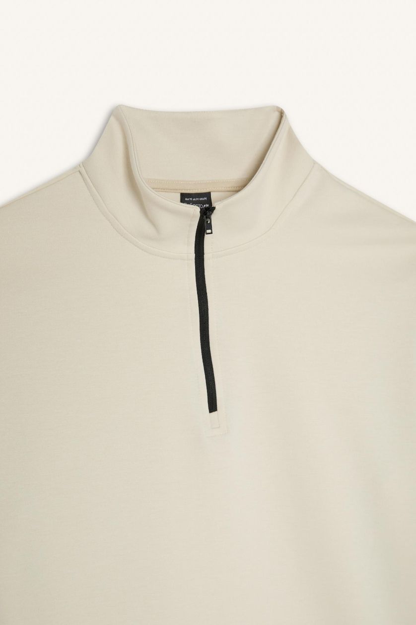 Erkek Taş Standart Fit Dik Yaka Fermuarlı Sporcu Kısa Kollu Skuba Dalgıç Kumaş Tişört