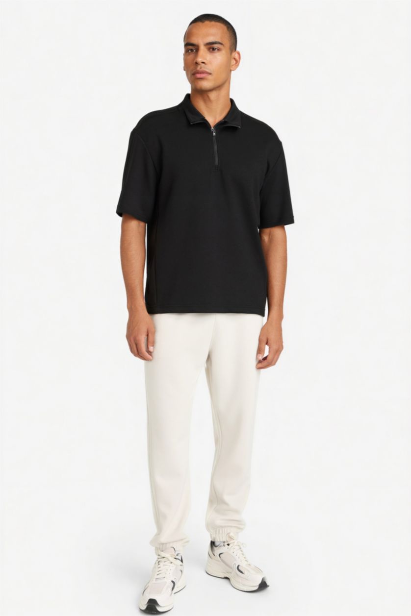 Erkek Siyah Standart Fit Dik Yaka Fermuarlı Sporcu Kısa Kollu Skuba Dalgıç Kumaş Siyah Tişört