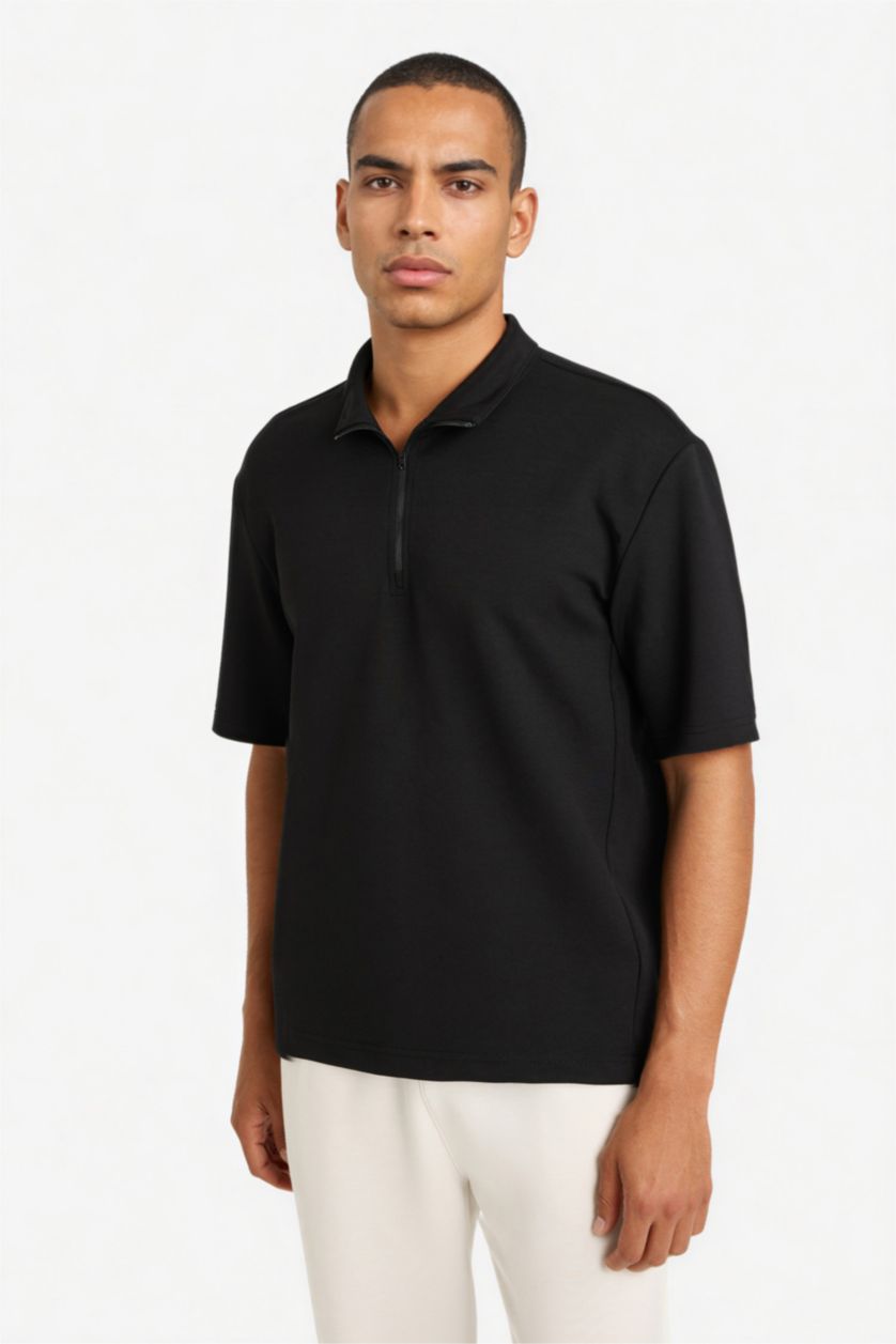 Erkek Siyah Standart Fit Dik Yaka Fermuarlı Sporcu Kısa Kollu Skuba Dalgıç Kumaş Siyah Tişört