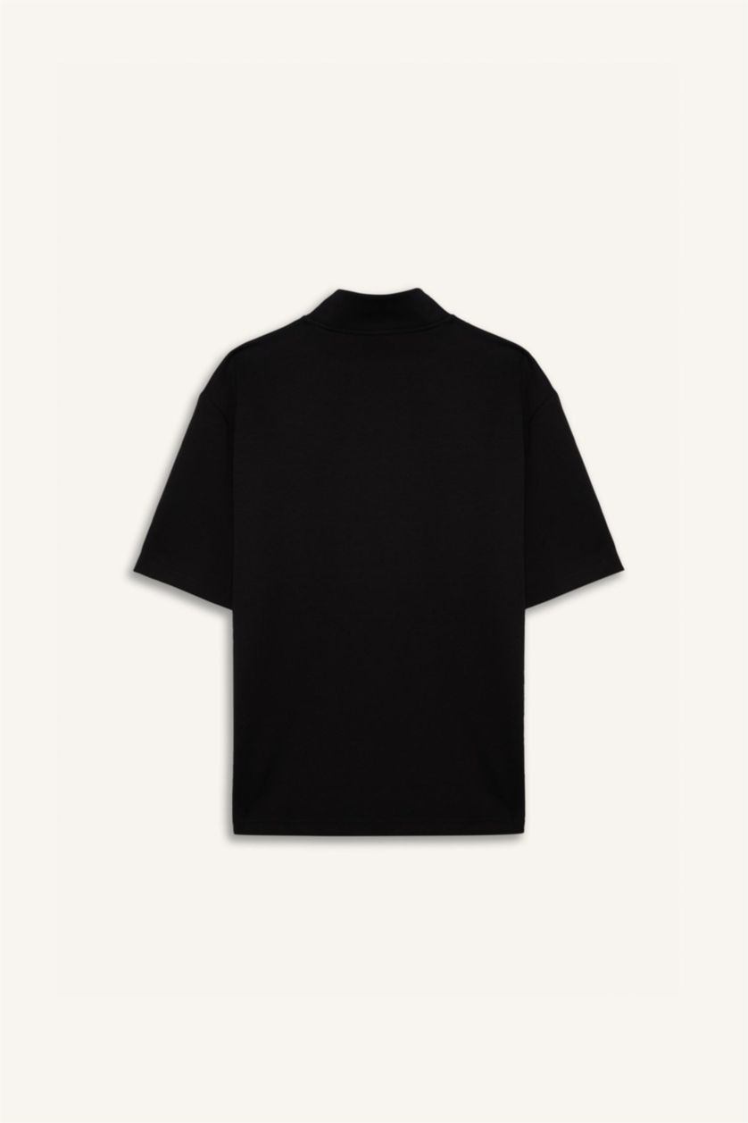 Erkek Siyah Standart Fit Dik Yaka Fermuarlı Sporcu Kısa Kollu Skuba Dalgıç Kumaş Siyah Tişört