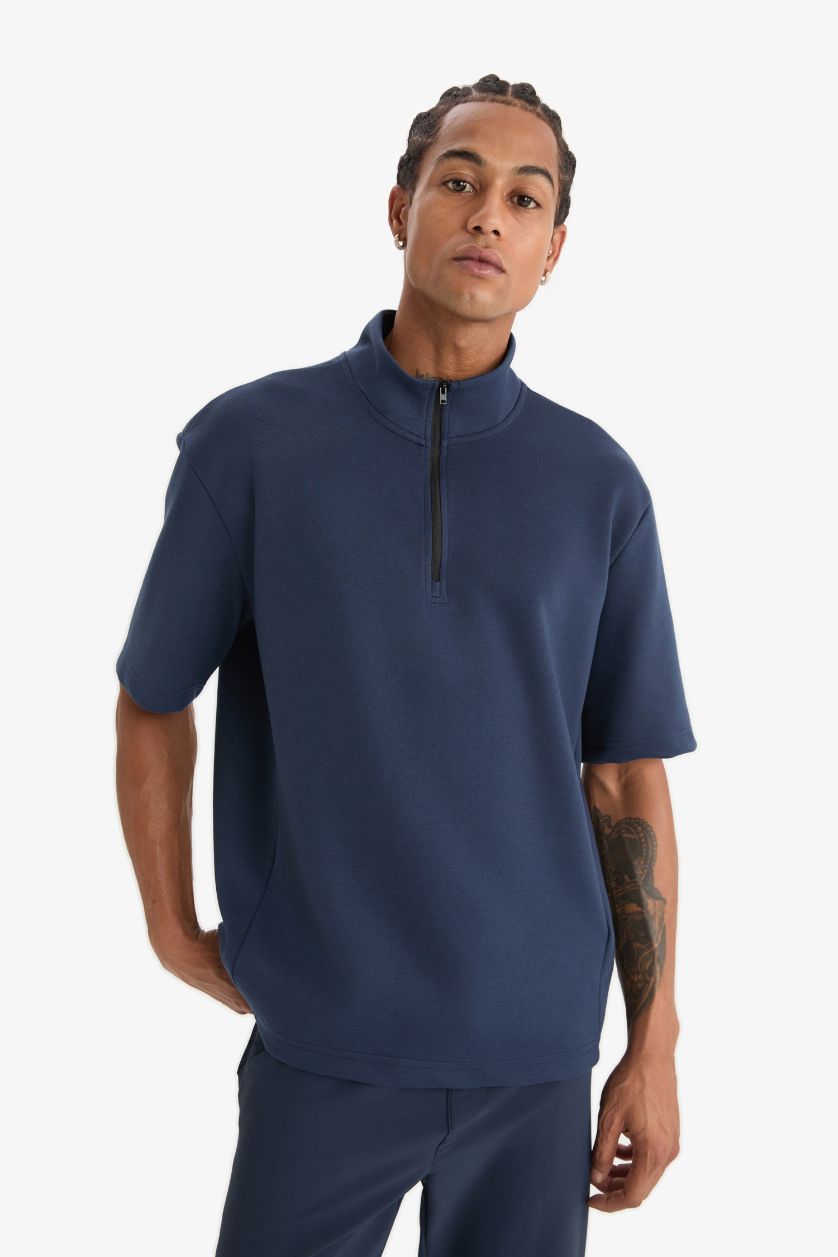 Erkek Lacivert Standart Fit Dik Yaka Fermuarlı Sporcu Kısa Kollu Skuba Dalgıç Kumaş Tişört