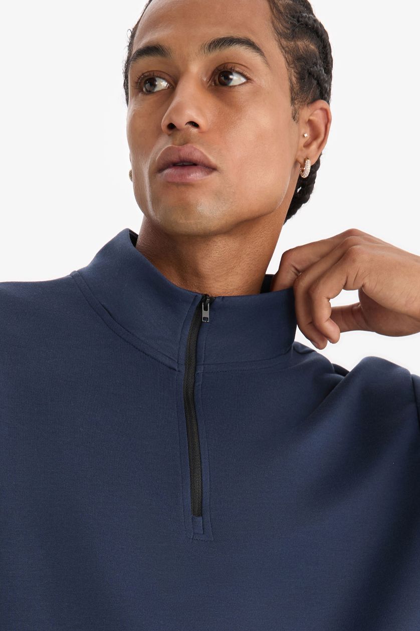 Erkek Lacivert Standart Fit Dik Yaka Fermuarlı Sporcu Kısa Kollu Skuba Dalgıç Kumaş Tişört