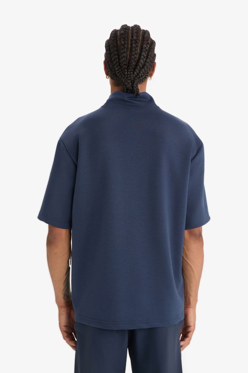 Erkek Lacivert Standart Fit Dik Yaka Fermuarlı Sporcu Kısa Kollu Skuba Dalgıç Kumaş Tişört