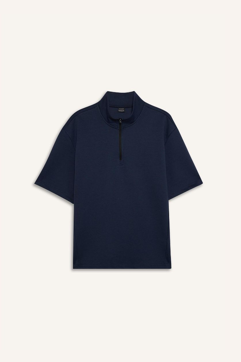 Erkek Lacivert Standart Fit Dik Yaka Fermuarlı Sporcu Kısa Kollu Skuba Dalgıç Kumaş Tişört