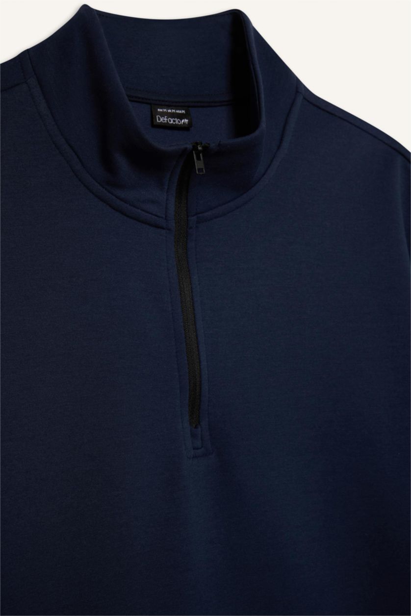 Erkek Lacivert Standart Fit Dik Yaka Fermuarlı Sporcu Kısa Kollu Skuba Dalgıç Kumaş Tişört