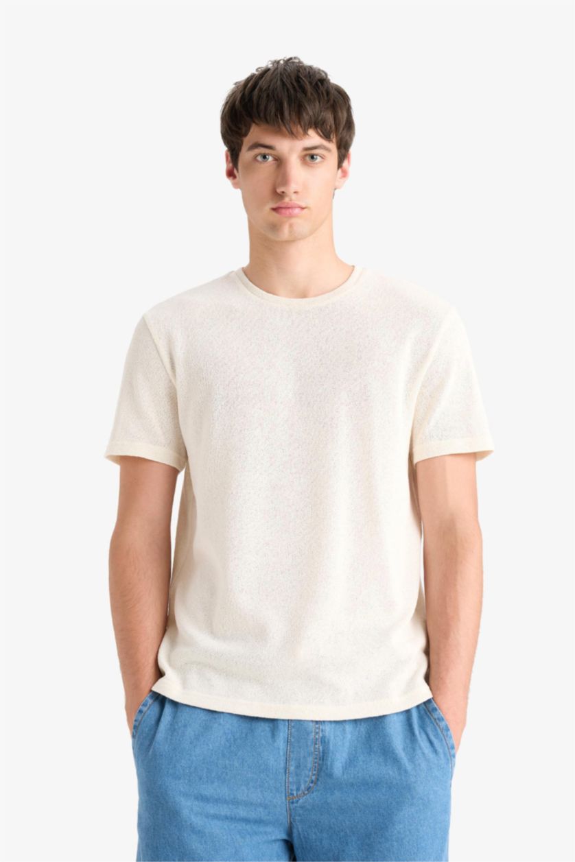 Erkek Kırık Beyaz Regular Fit Bisiklet Yaka Kısa Kollu Triko Görünümlü Tişört