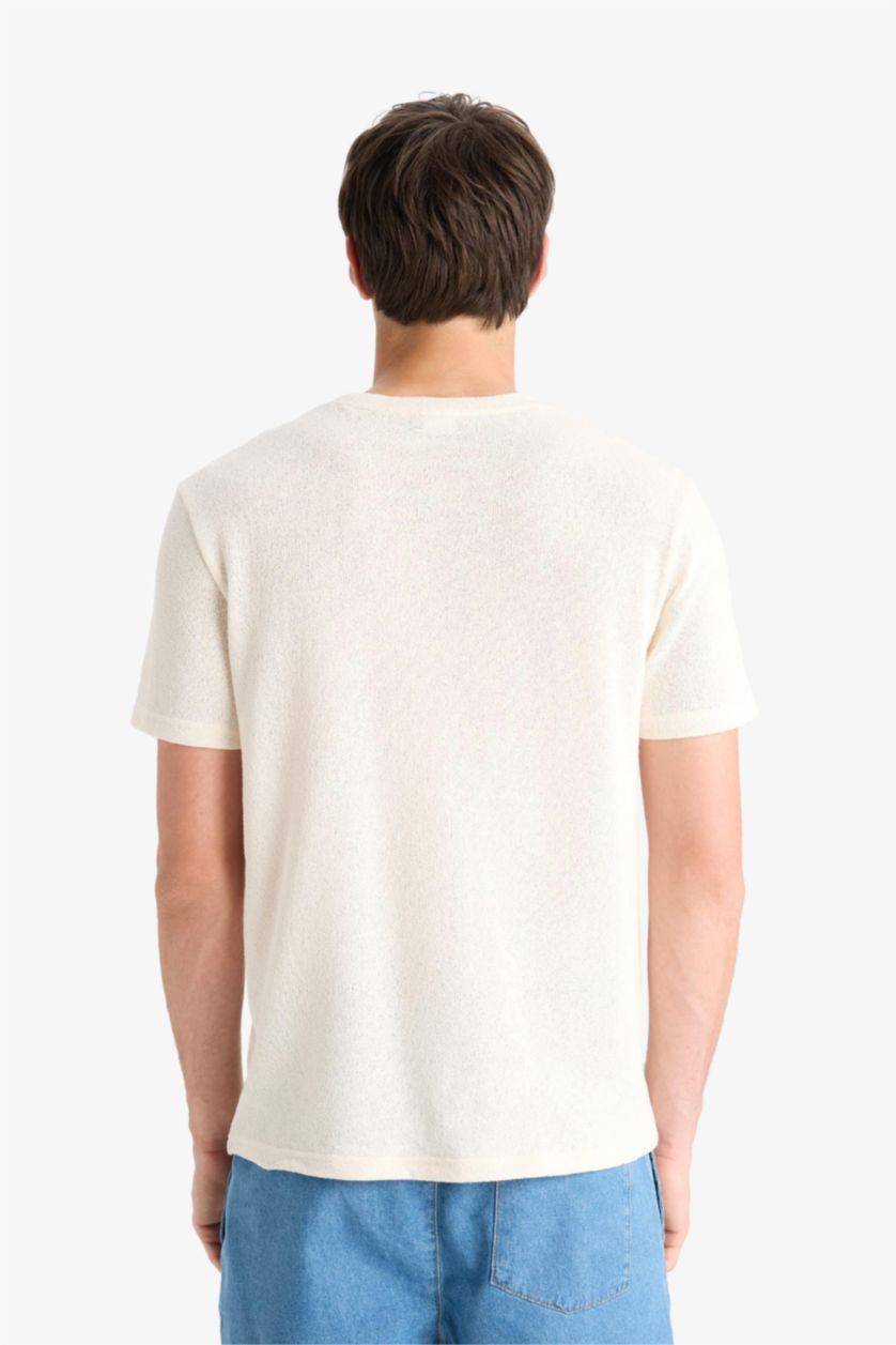 Erkek Kırık Beyaz Regular Fit Bisiklet Yaka Kısa Kollu Triko Görünümlü Tişört