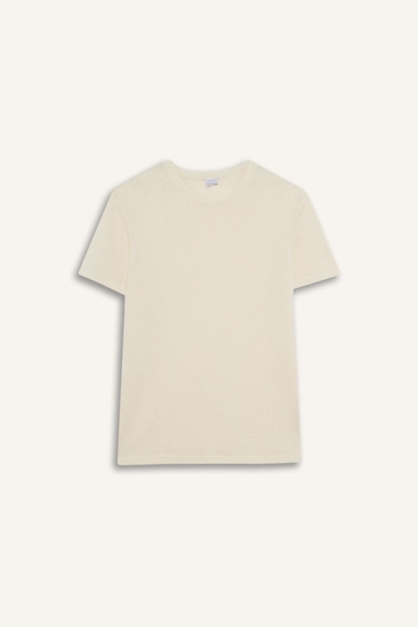 Erkek Kırık Beyaz Regular Fit Bisiklet Yaka Kısa Kollu Triko Görünümlü Tişört