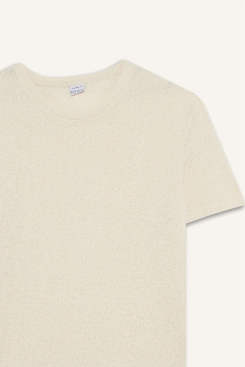 Erkek Kırık Beyaz Regular Fit Bisiklet Yaka Kısa Kollu Triko Görünümlü Tişört