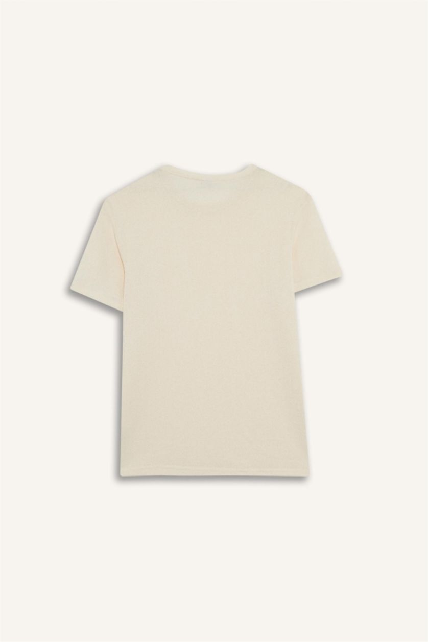 Erkek Kırık Beyaz Regular Fit Bisiklet Yaka Kısa Kollu Triko Görünümlü Tişört