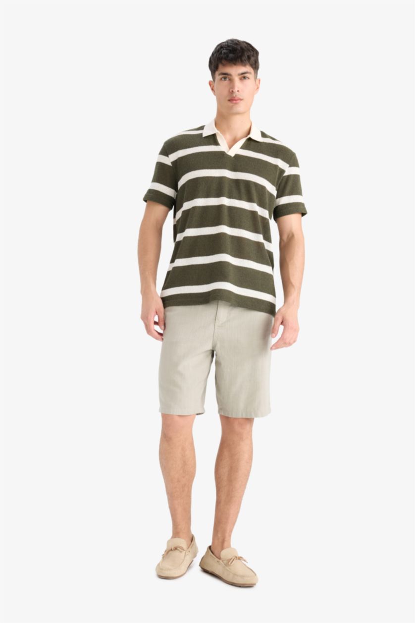 Man Dark Khaki Regular Fit Short Sleeve Striped Polo T-Shirt