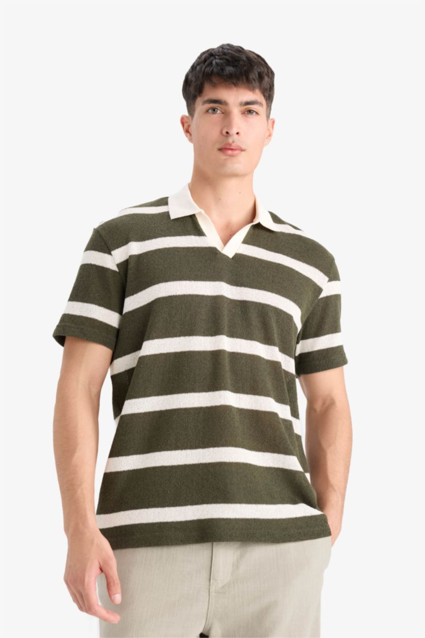 Man Dark Khaki Regular Fit Short Sleeve Striped Polo T-Shirt