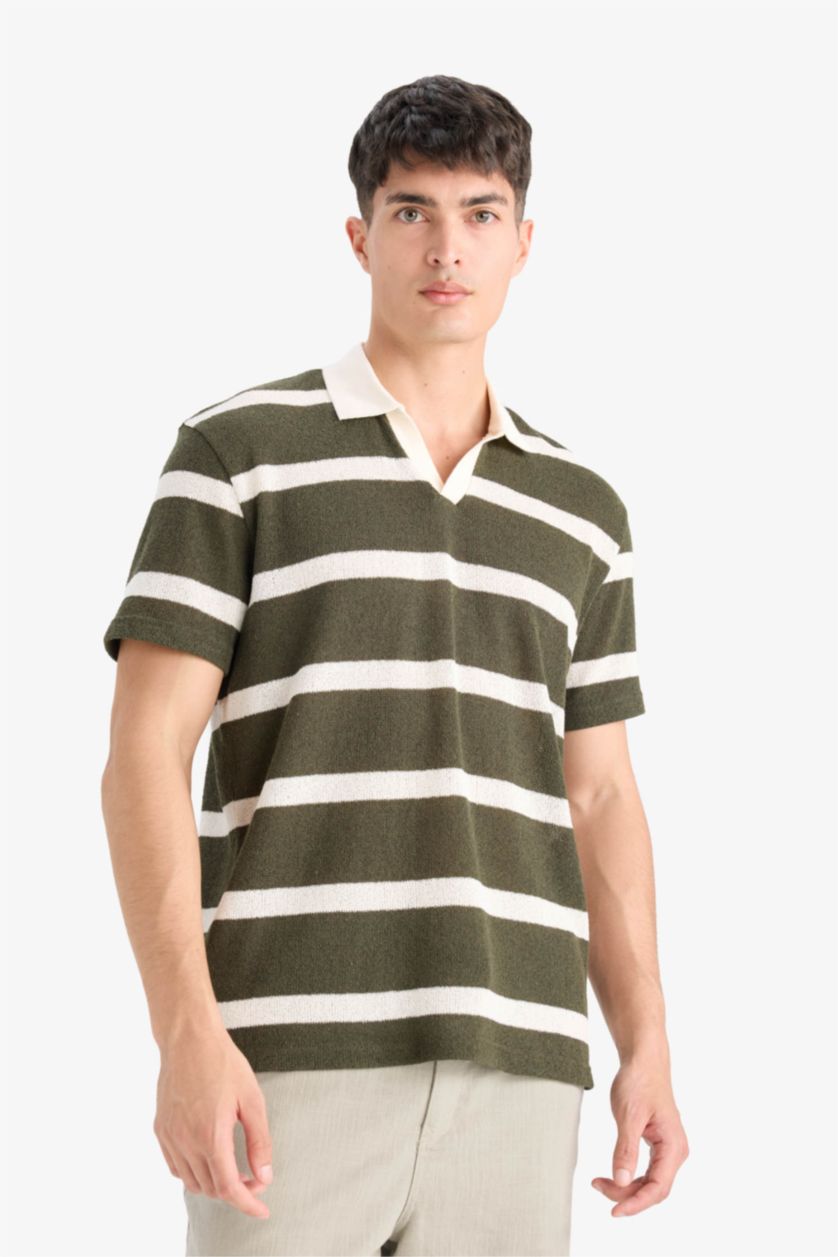 Man Dark Khaki Regular Fit Short Sleeve Striped Polo T-Shirt