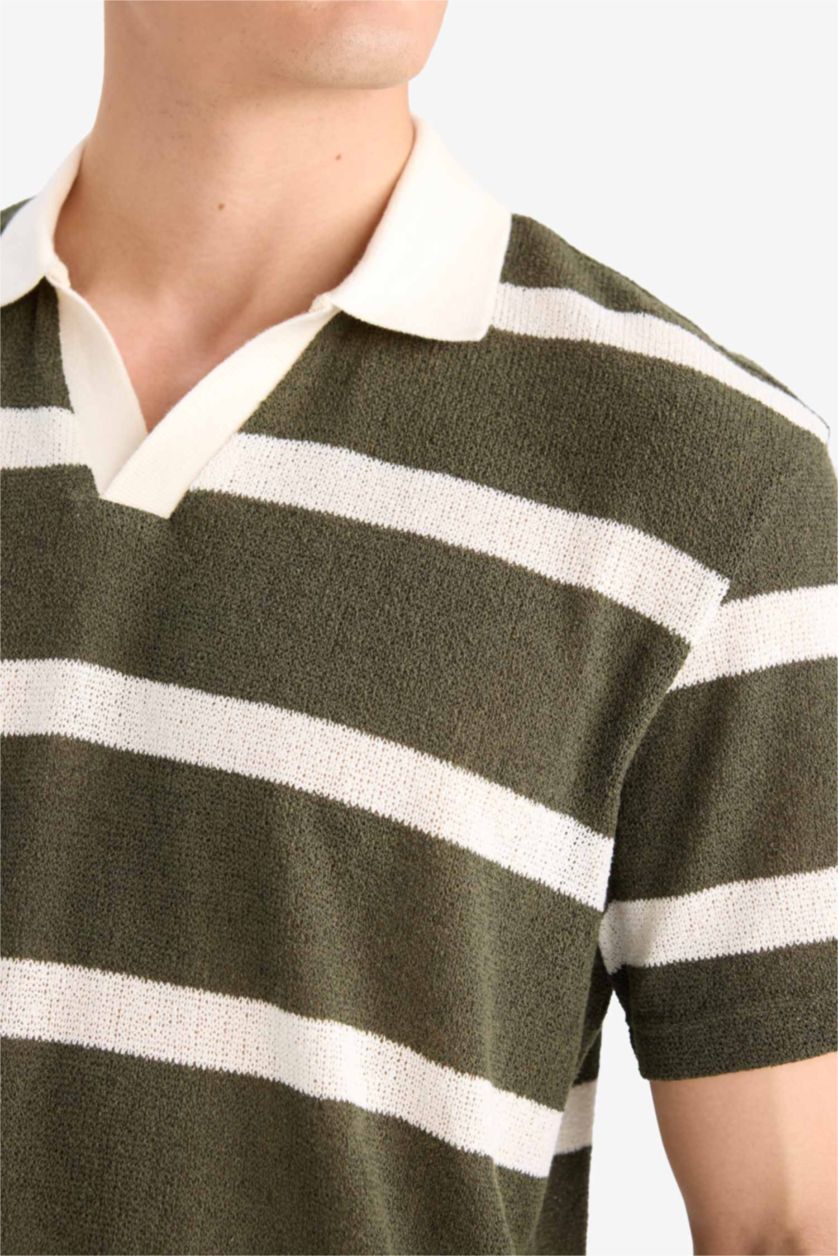 Man Dark Khaki Regular Fit Short Sleeve Striped Polo T-Shirt
