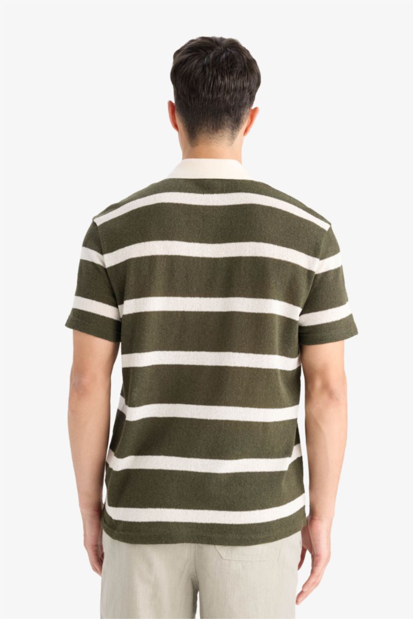 Man Dark Khaki Regular Fit Short Sleeve Striped Polo T-Shirt