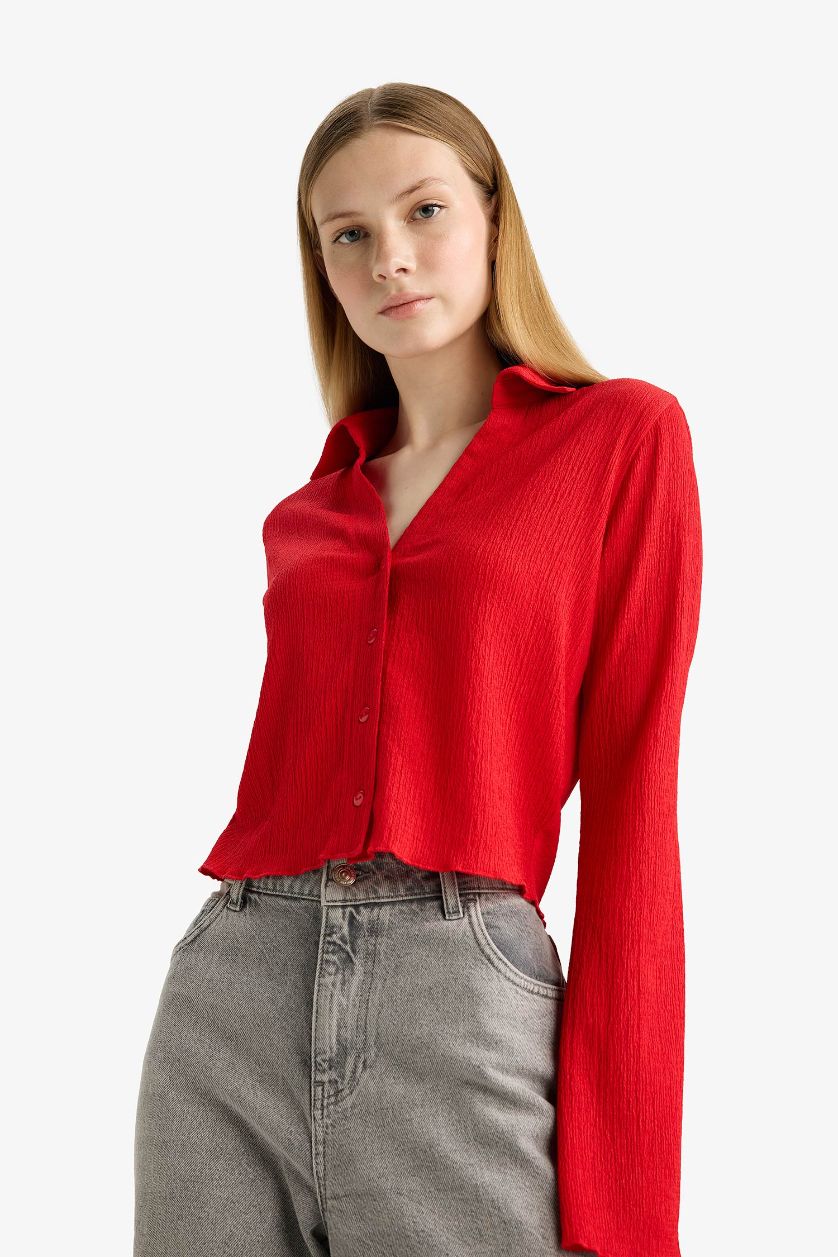 WOMAN Red Slim Fit Shirt Collar Long Sleeve Shirt