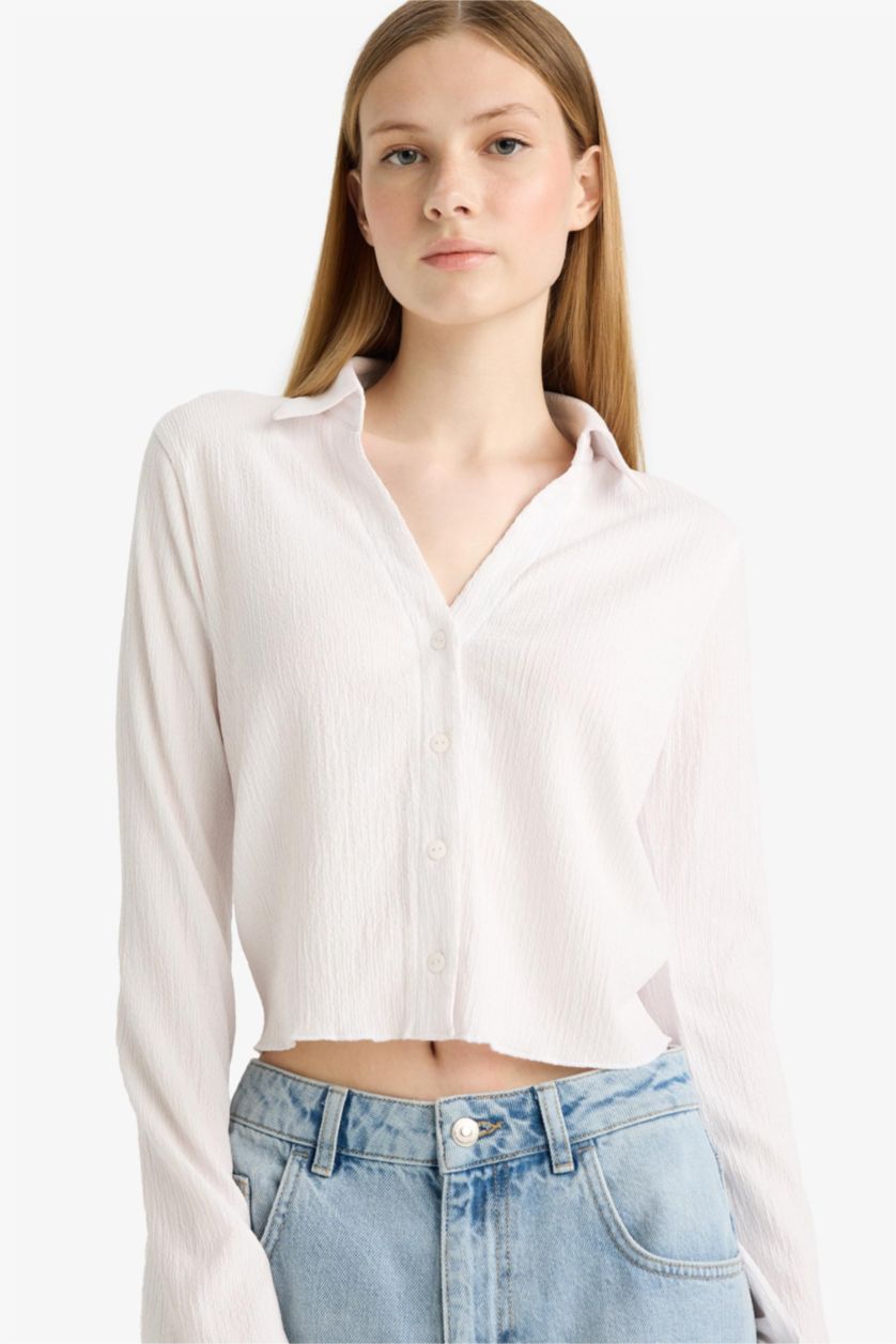 WOMAN White Fitted Shirt Collar Crepe Long Sleeve Shirt