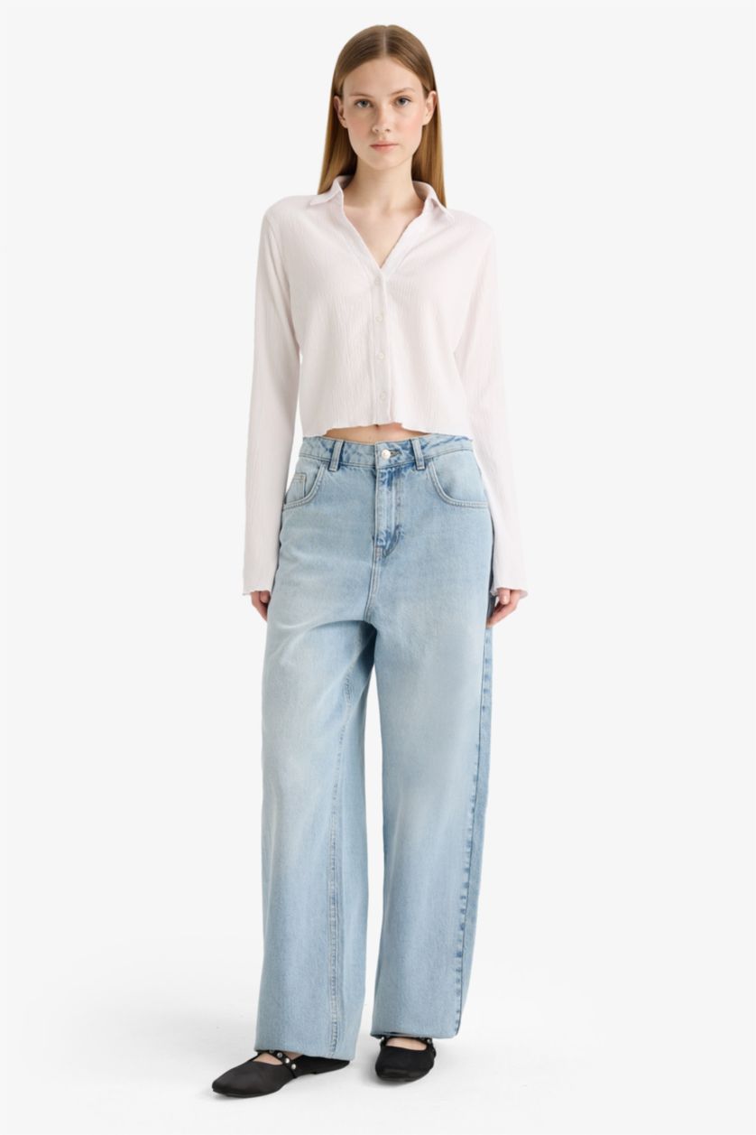 WOMAN White Fitted Shirt Collar Crepe Long Sleeve Shirt