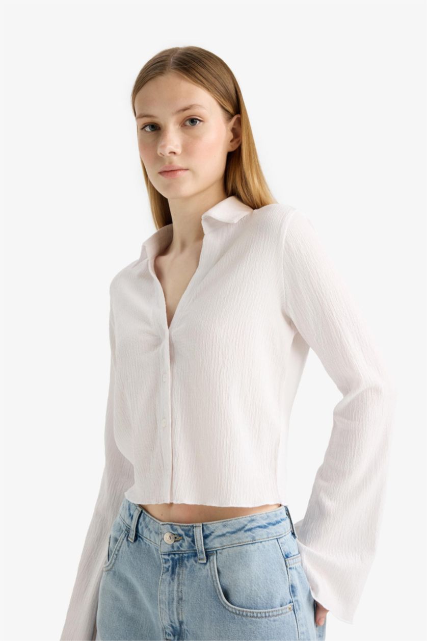 WOMAN White Fitted Shirt Collar Crepe Long Sleeve Shirt