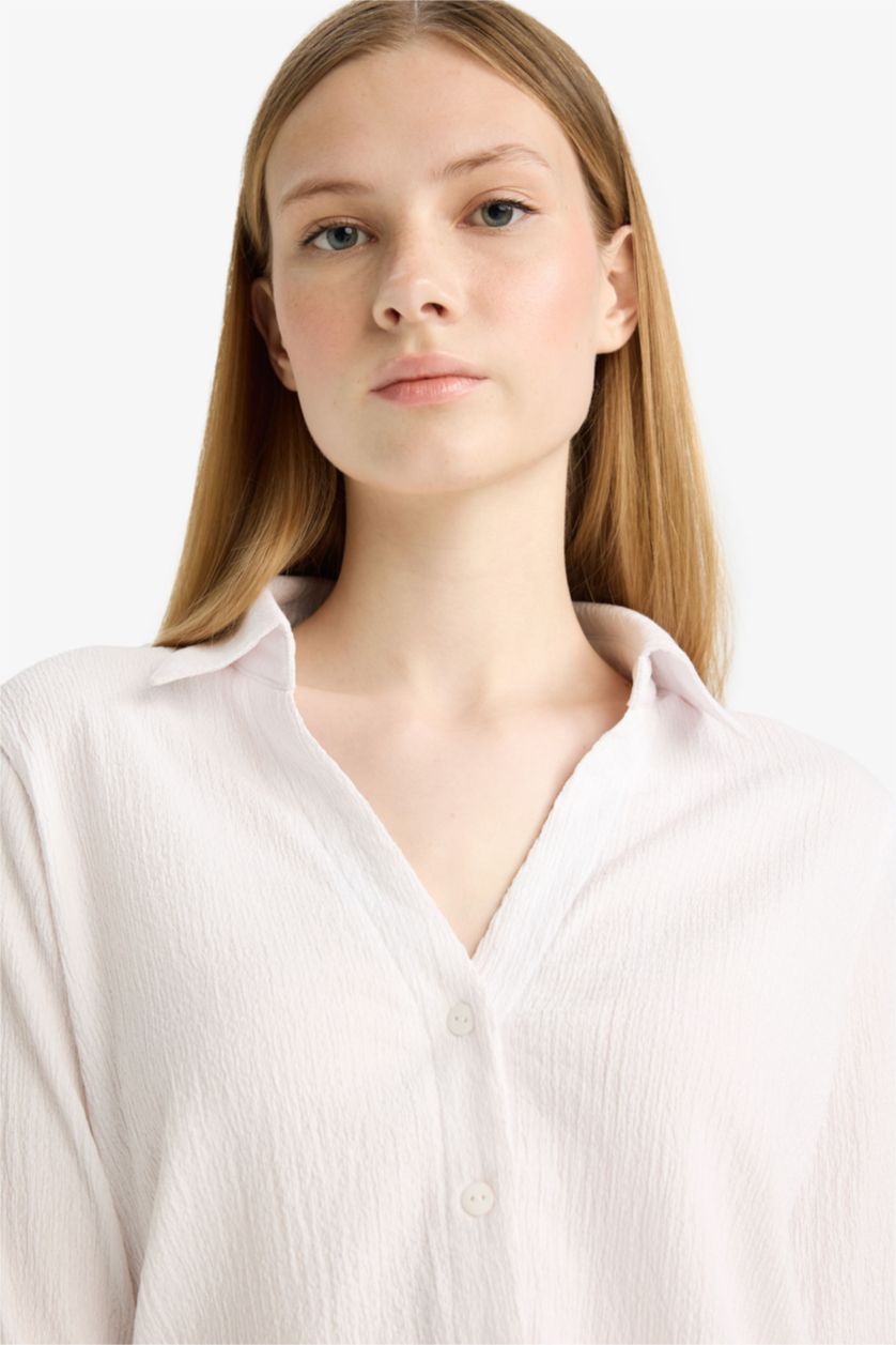WOMAN White Fitted Shirt Collar Crepe Long Sleeve Shirt