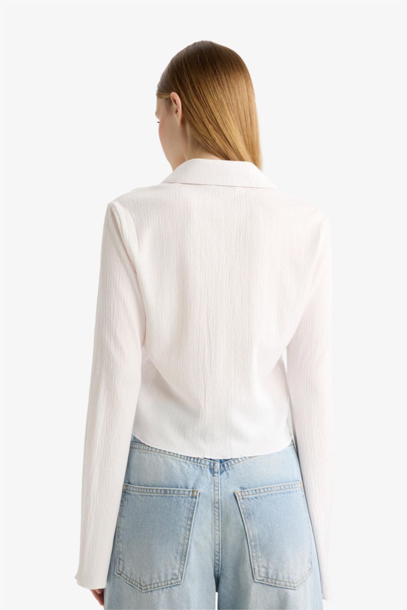 WOMAN White Fitted Shirt Collar Crepe Long Sleeve Shirt