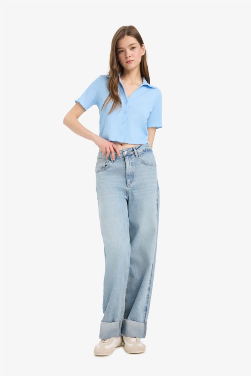 WOMAN Light Blue Slim Fit Shirt Collar Short Sleeve Shirt