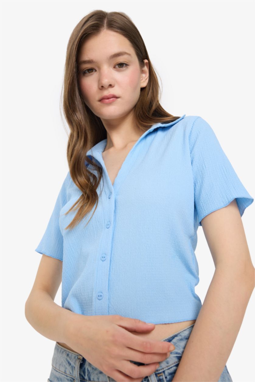WOMAN Light Blue Slim Fit Shirt Collar Short Sleeve Shirt