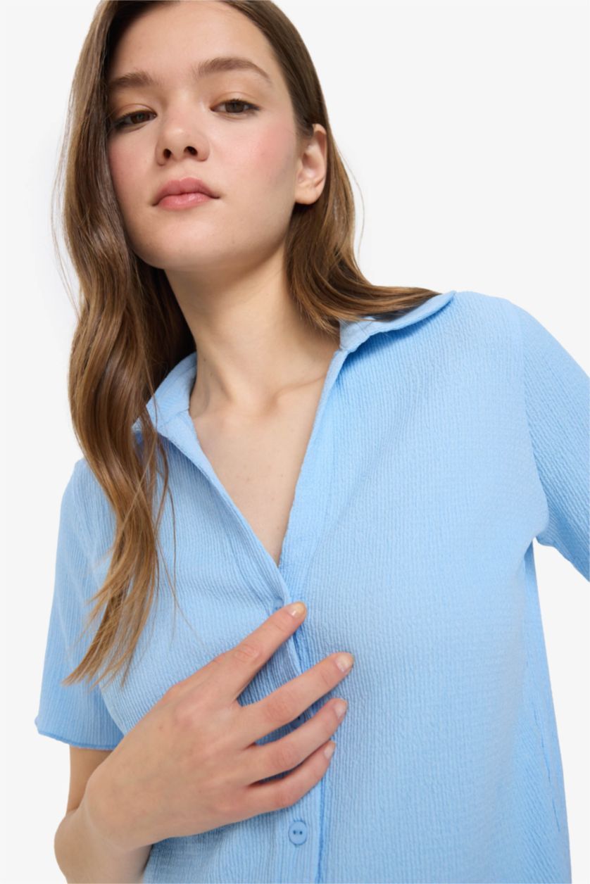 WOMAN Light Blue Slim Fit Shirt Collar Short Sleeve Shirt