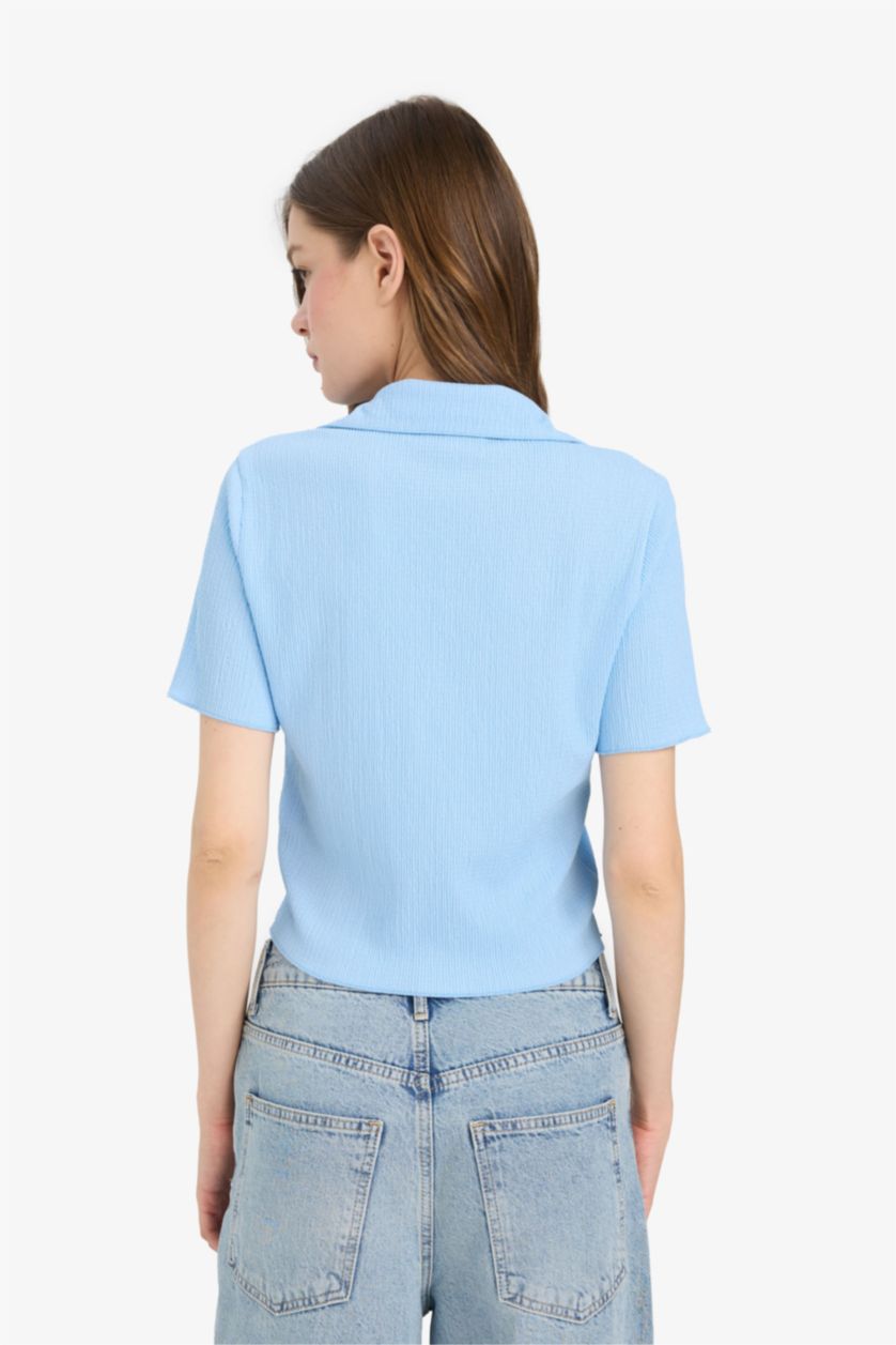WOMAN Light Blue Slim Fit Shirt Collar Short Sleeve Shirt