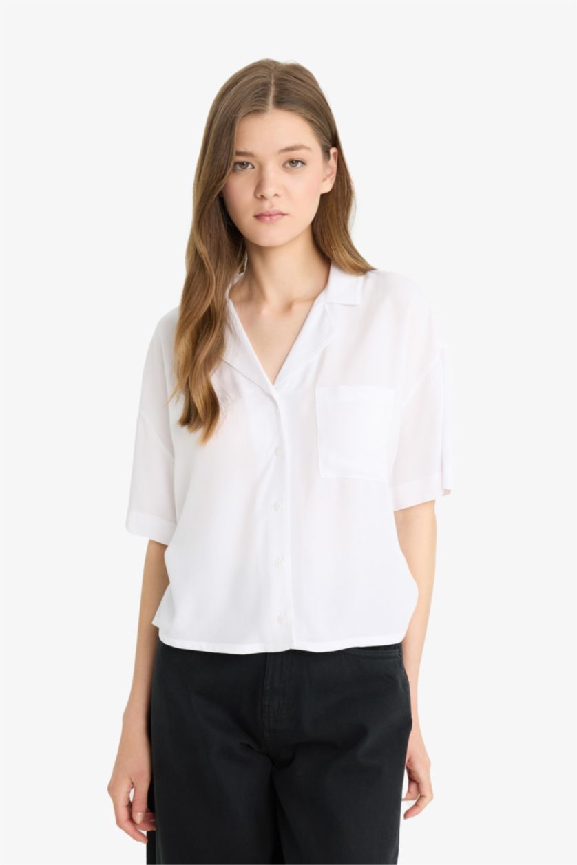 WOMAN White Crop Pyjamas Collar Short Sleeve Shirt